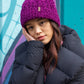 Pudus Winter Cable Knit Chenille Toque in Dark Purple with Fuzzy Pom Pom and Faux Fur Sherpa Fleece Lining