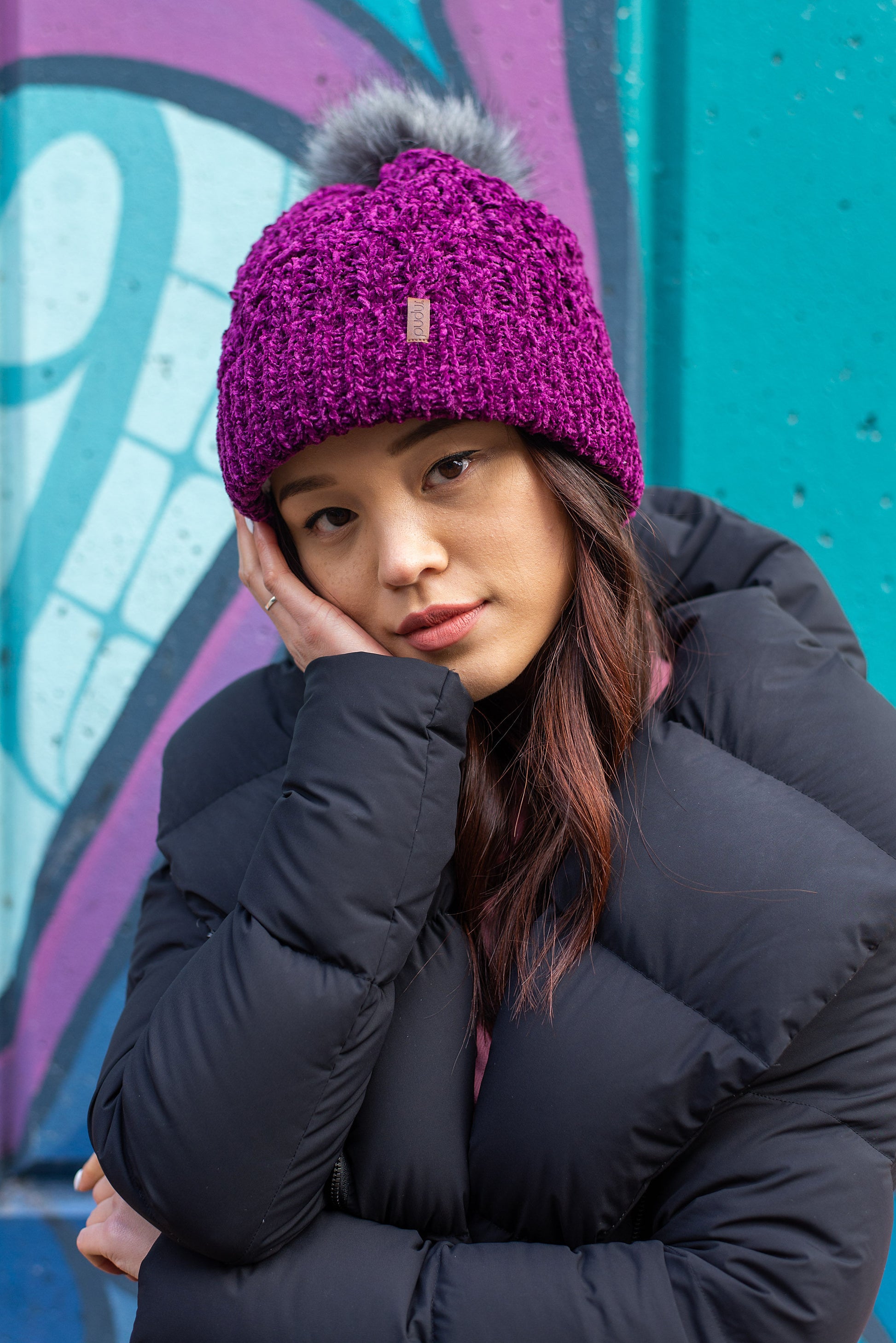 Pudus Winter Cable Knit Chenille Toque in Dark Purple with Fuzzy Pom Pom and Faux Fur Sherpa Fleece Lining
