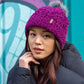 Pudus Winter Cable Knit Chenille Toque in Dark Purple with Fuzzy Pom Pom and Faux Fur Sherpa Fleece Lining