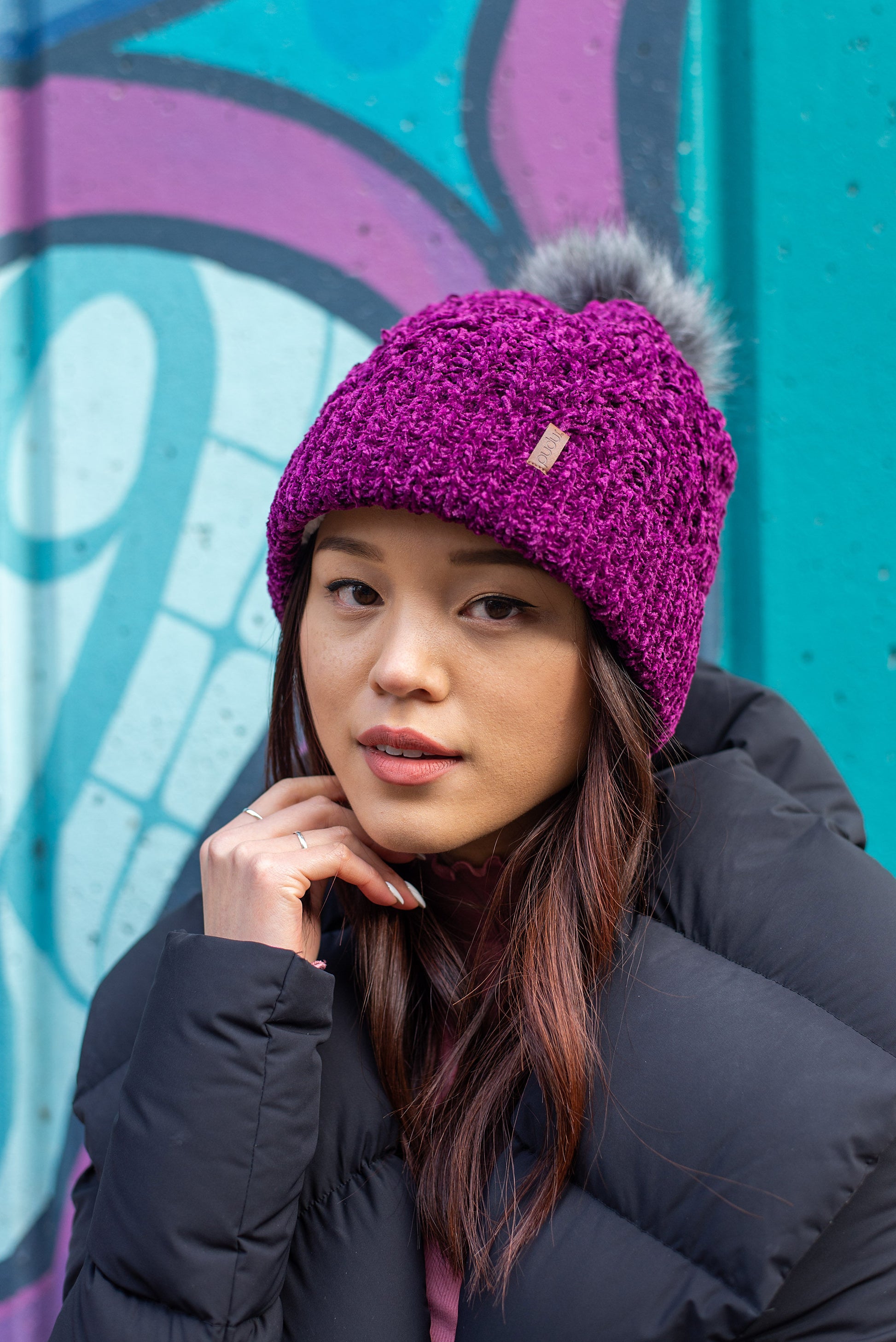Pudus Winter Cable Knit Chenille Toque in Dark Purple with Fuzzy Pom Pom and Faux Fur Sherpa Fleece Lining