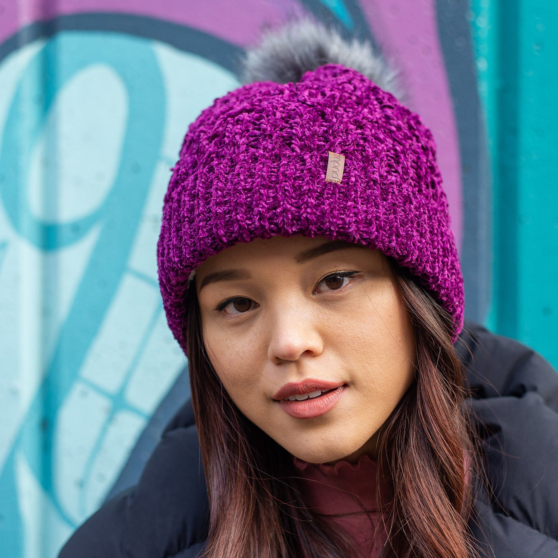 Pudus Winter Cable Knit Chenille Toque in Dark Purple with Fuzzy Pom Pom and Faux Fur Sherpa Fleece Lining