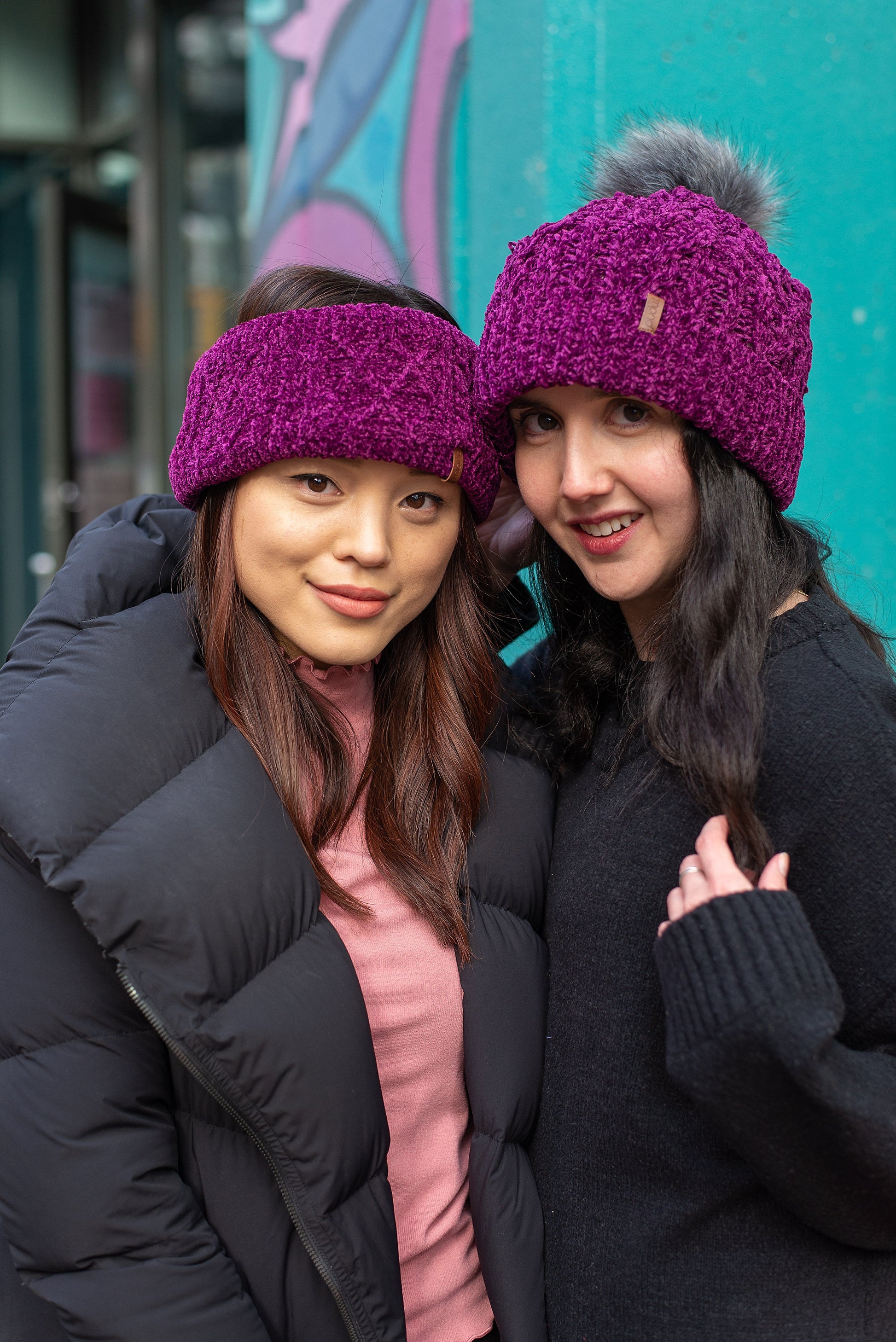 Pudus Winter Headbands for Women - Chenille Cable Knit Ear Warmer Headwrap Headband with Warm Faux Fur Fleece Lining Cable Knit Dark Purple Chenille - Headband Adult
