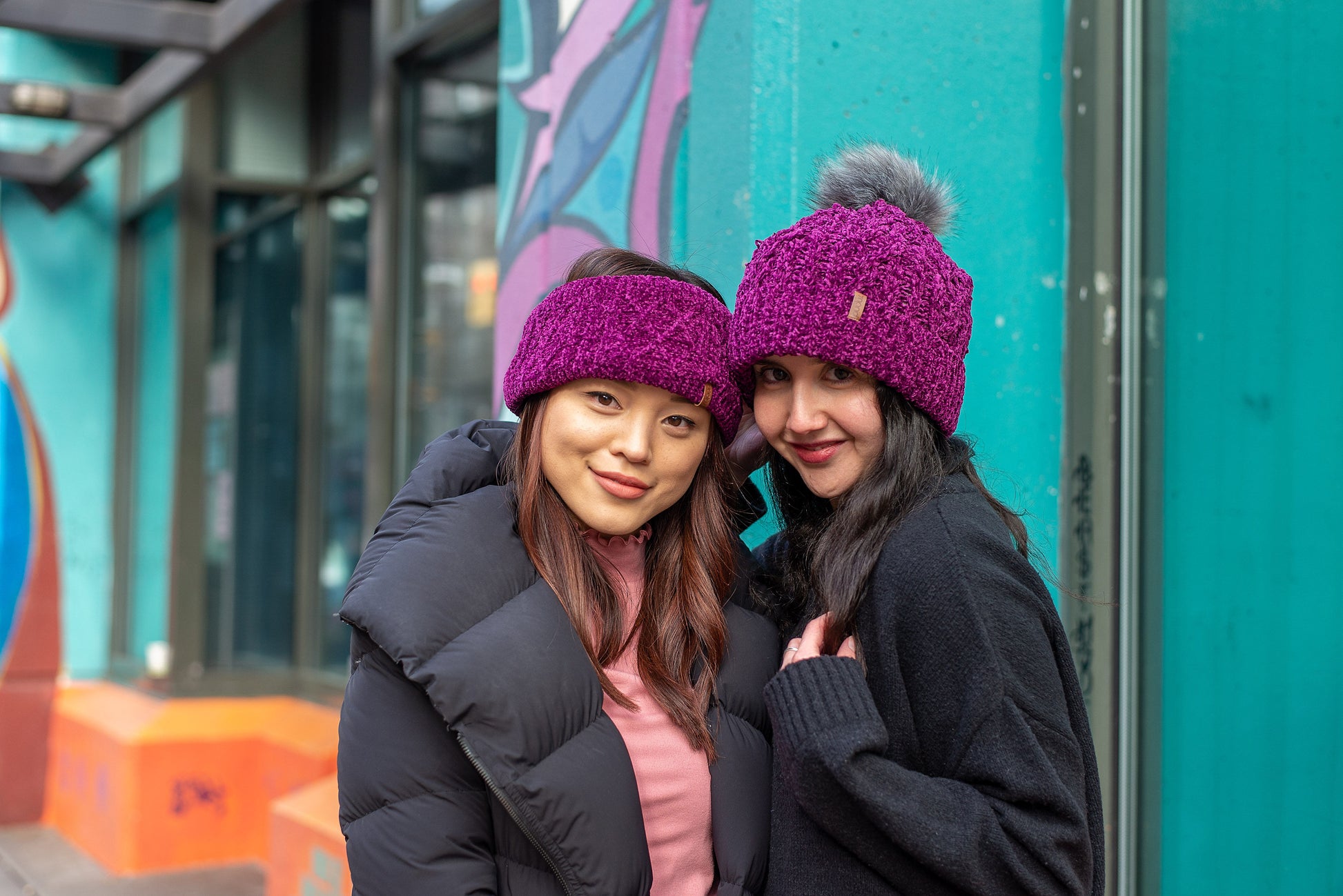 Pudus Winter Headbands for Women - Chenille Cable Knit Ear Warmer Headwrap Headband with Warm Faux Fur Fleece Lining Cable Knit Dark Purple Chenille - Headband Adult