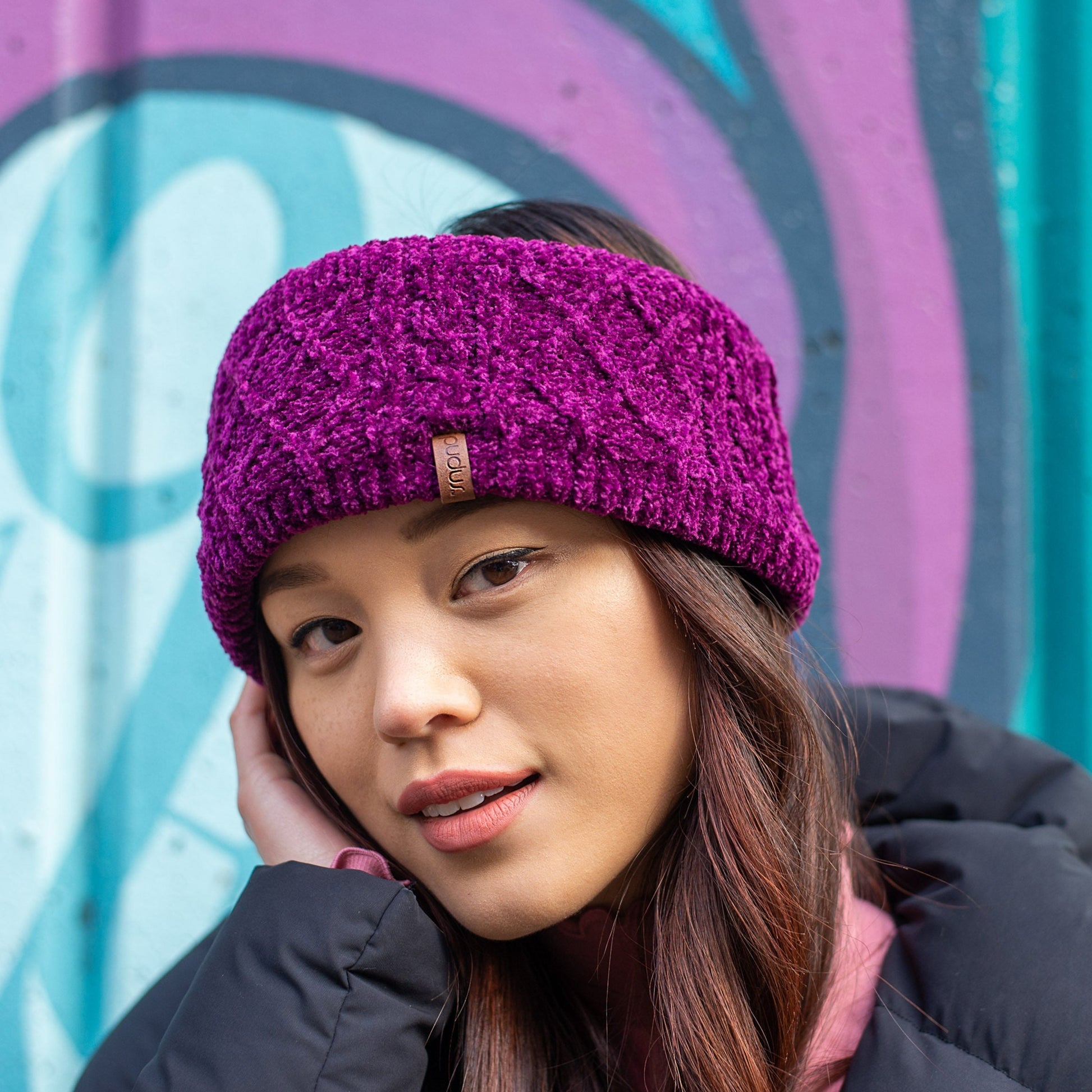 Pudus Winter Headbands for Women - Chenille Cable Knit Ear Warmer Headwrap Headband with Warm Faux Fur Fleece Lining Cable Knit Dark Purple Chenille - Headband Adult