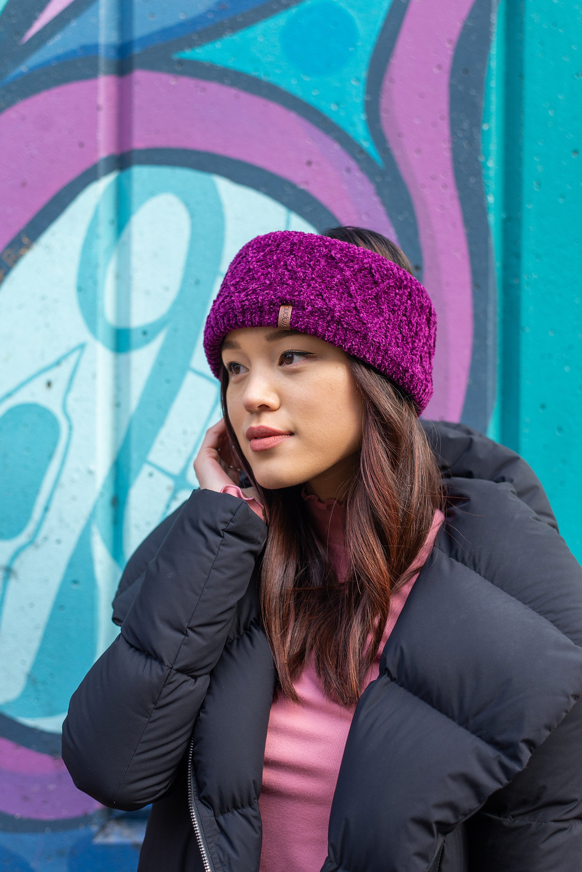 Pudus Winter Headbands for Women - Chenille Cable Knit Ear Warmer Headwrap Headband with Warm Faux Fur Fleece Lining Cable Knit Dark Purple Chenille - Headband Adult