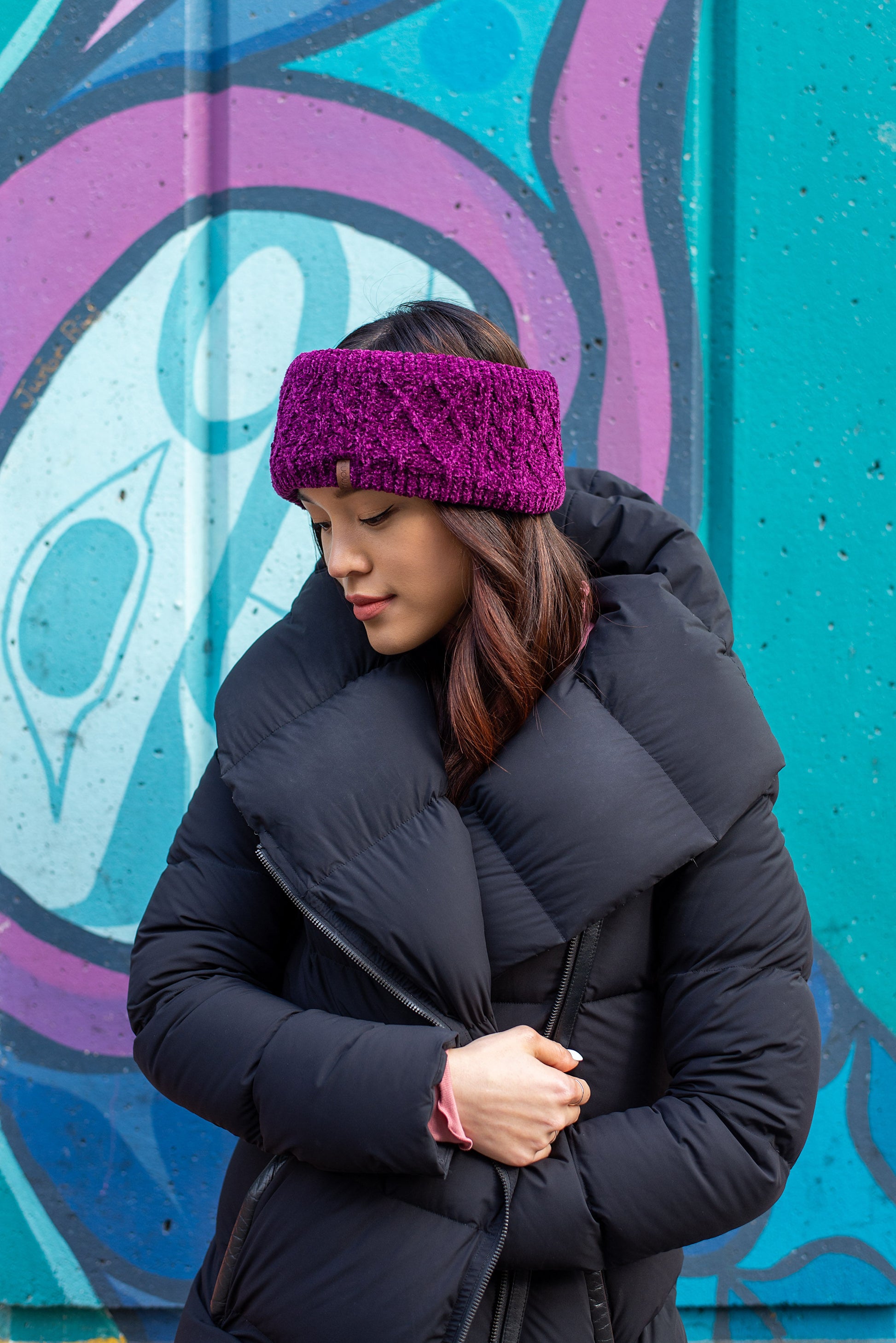 Pudus Winter Headbands for Women - Chenille Cable Knit Ear Warmer Headwrap Headband with Warm Faux Fur Fleece Lining Cable Knit Dark Purple Chenille - Headband Adult