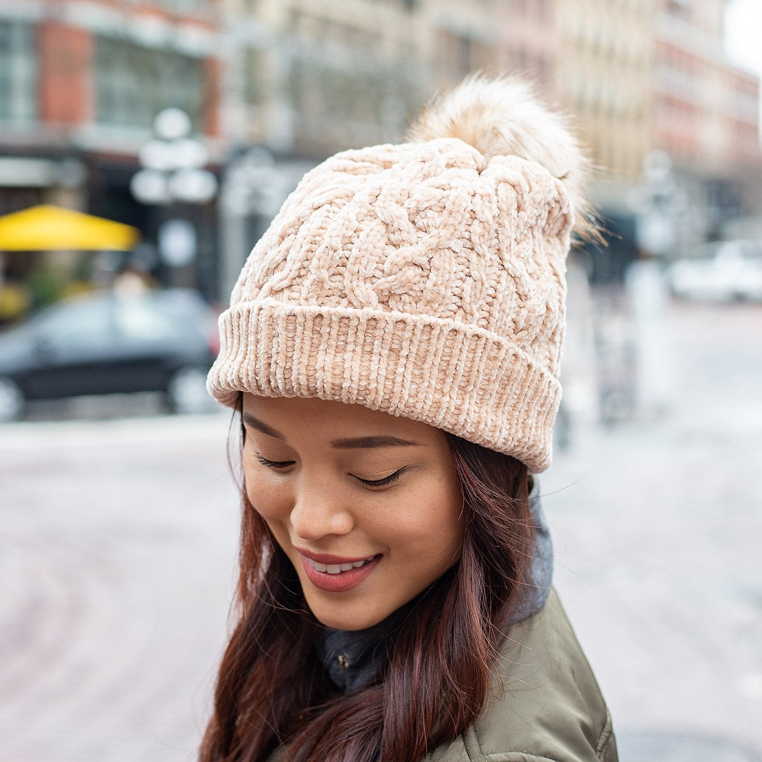 Pudus Women's Winter Beanie Hat with Faux Fur Pom Pom - Cable Knitted Chenille and Fleece Lined Slouchy Beanie Sand Chenille Cable Knit - Beanie Hat Adult
