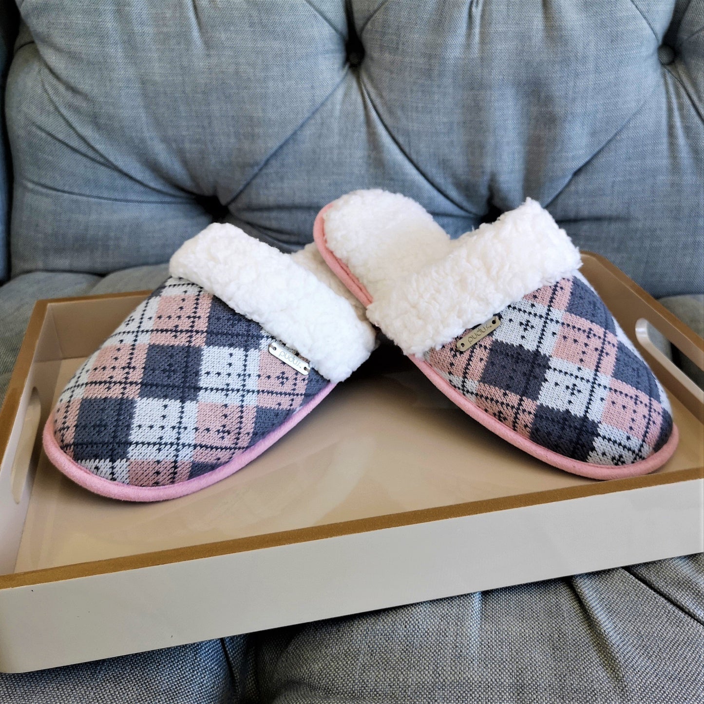 Pudus Cozy & Fluffy House Slippers for Women, Memory Foam Slipper Slides with Plush Faux Fur Fleece Lining Creekside Slide Argyle Blush