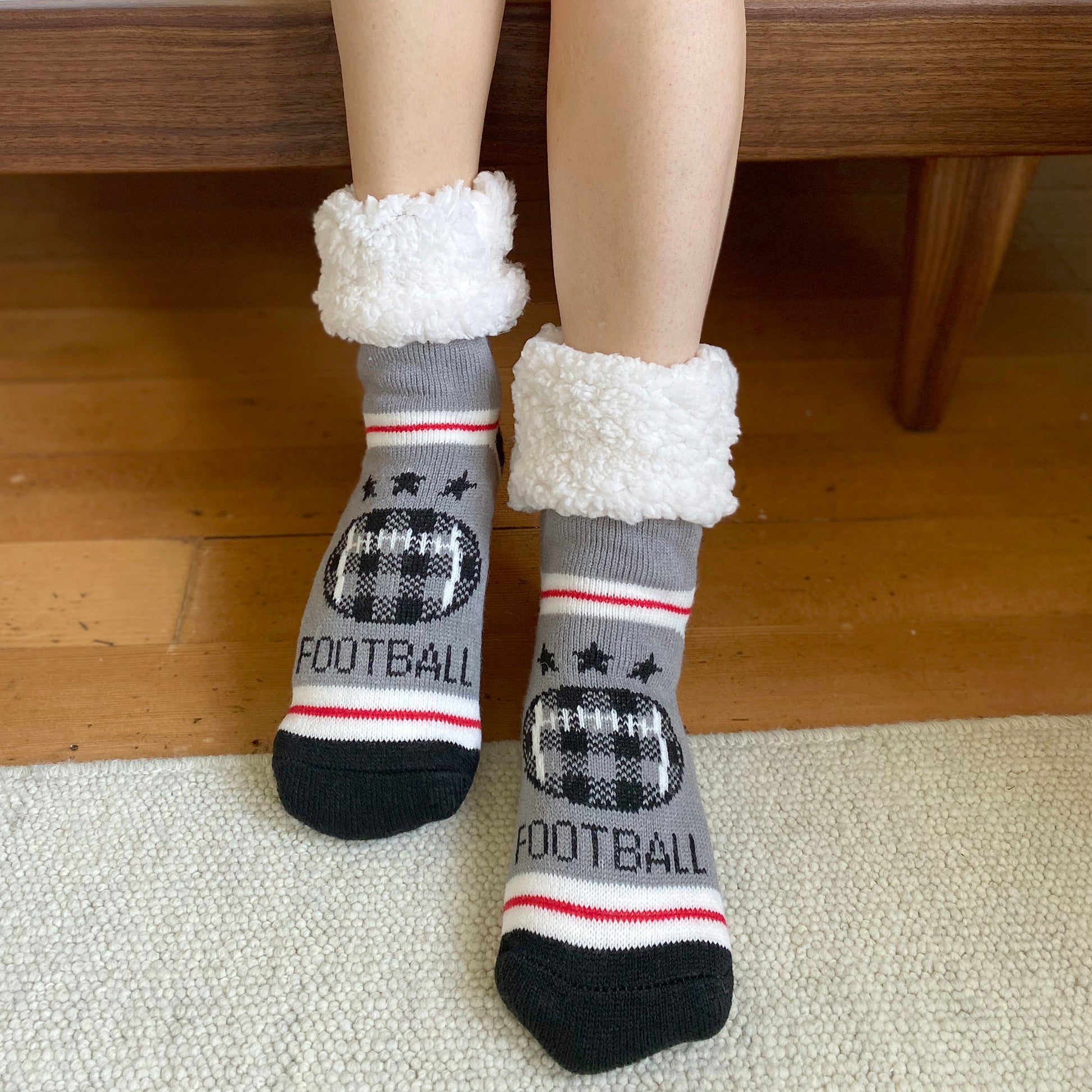 Pudus Cozy Winter Slipper Socks for Women and Men with Non-Slip Grippers and Faux Fur Sherpa Fleece - Adult Regular Fuzzy Socks Football Grey - Classic Slipper Sock