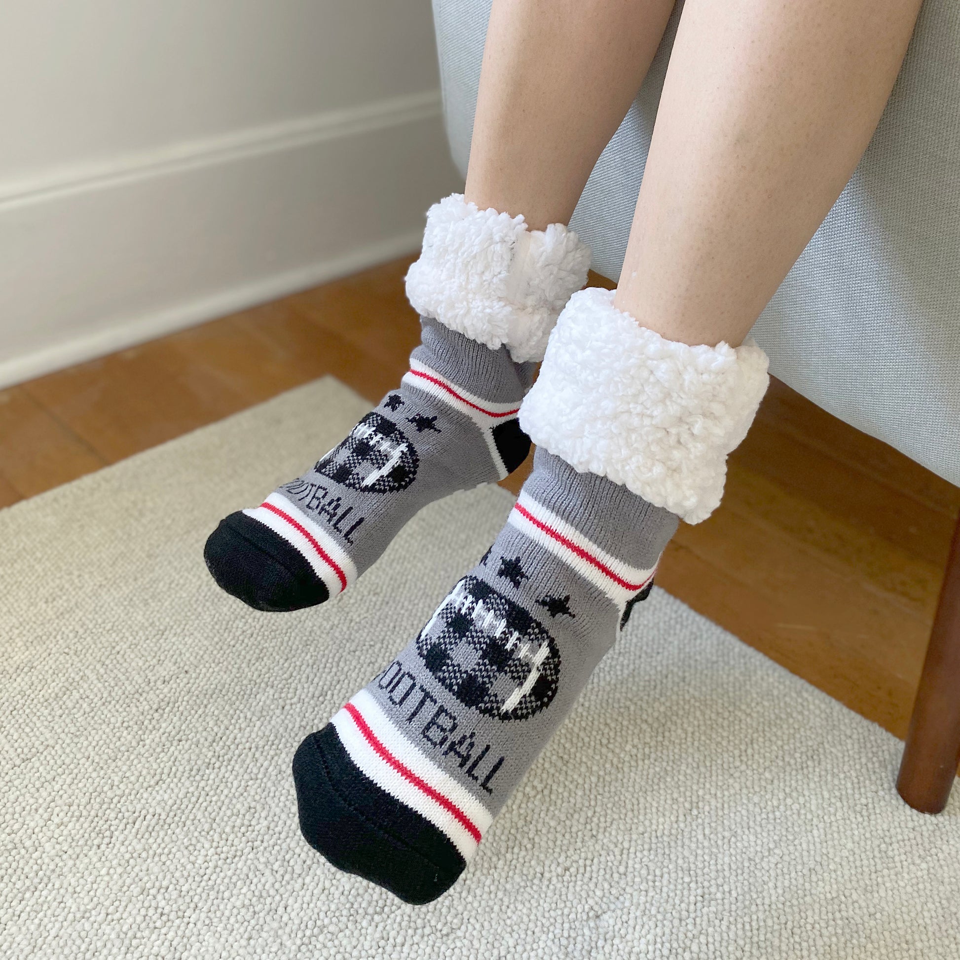 Pudus Cozy Winter Slipper Socks for Women and Men with Non-Slip Grippers and Faux Fur Sherpa Fleece - Adult Regular Fuzzy Socks Football Grey- Classic Slipper Sock