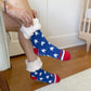 Pudus Cozy Winter Slipper Socks for Women and Men with Non-Slip Grippers and Faux Fur Sherpa Fleece - Adult Regular Fuzzy Socks Stars & Stripes - Classic Slipper Sock