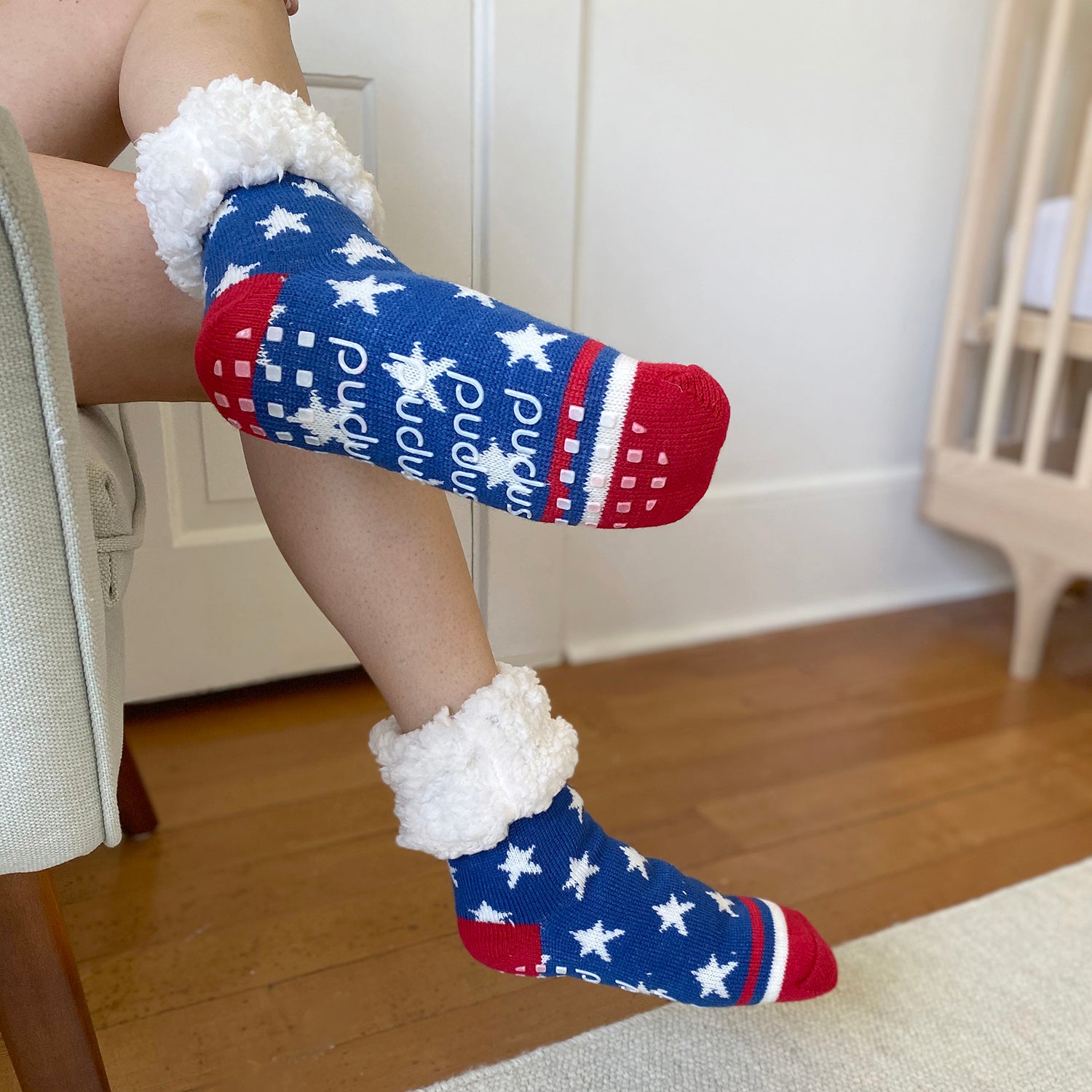 Pudus Cozy Winter Slipper Socks for Women and Men with Non-Slip Grippers and Faux Fur Sherpa Fleece - Adult Regular Fuzzy Socks Stars & Stripes - Classic Slipper Sock
