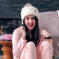 Pudus Winter Cable Knit Chenille Toque in White with Fuzzy Pom Pom and Faux Fur Sherpa Fleece Lining
