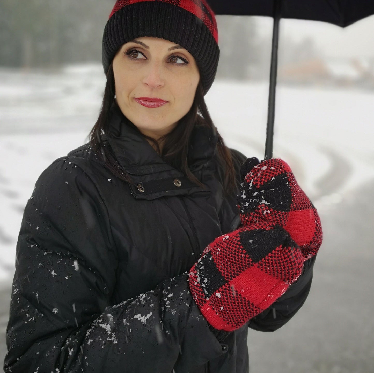 Pudus Classic Knit Winter Mittens for Women, Sherpa Fleece-Lined Warm Gloves Lumberjack Red - Mittens Adult