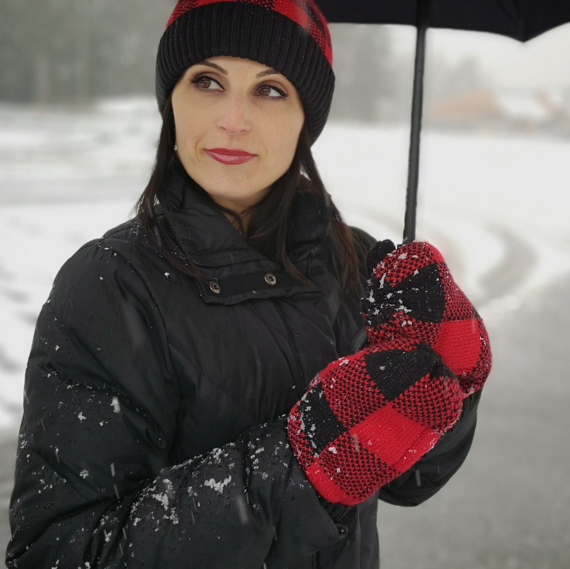 Pudus Classic Knit Winter Mittens for Women, Sherpa Fleece-Lined Warm Gloves Lumberjack Red - Mittens Adult