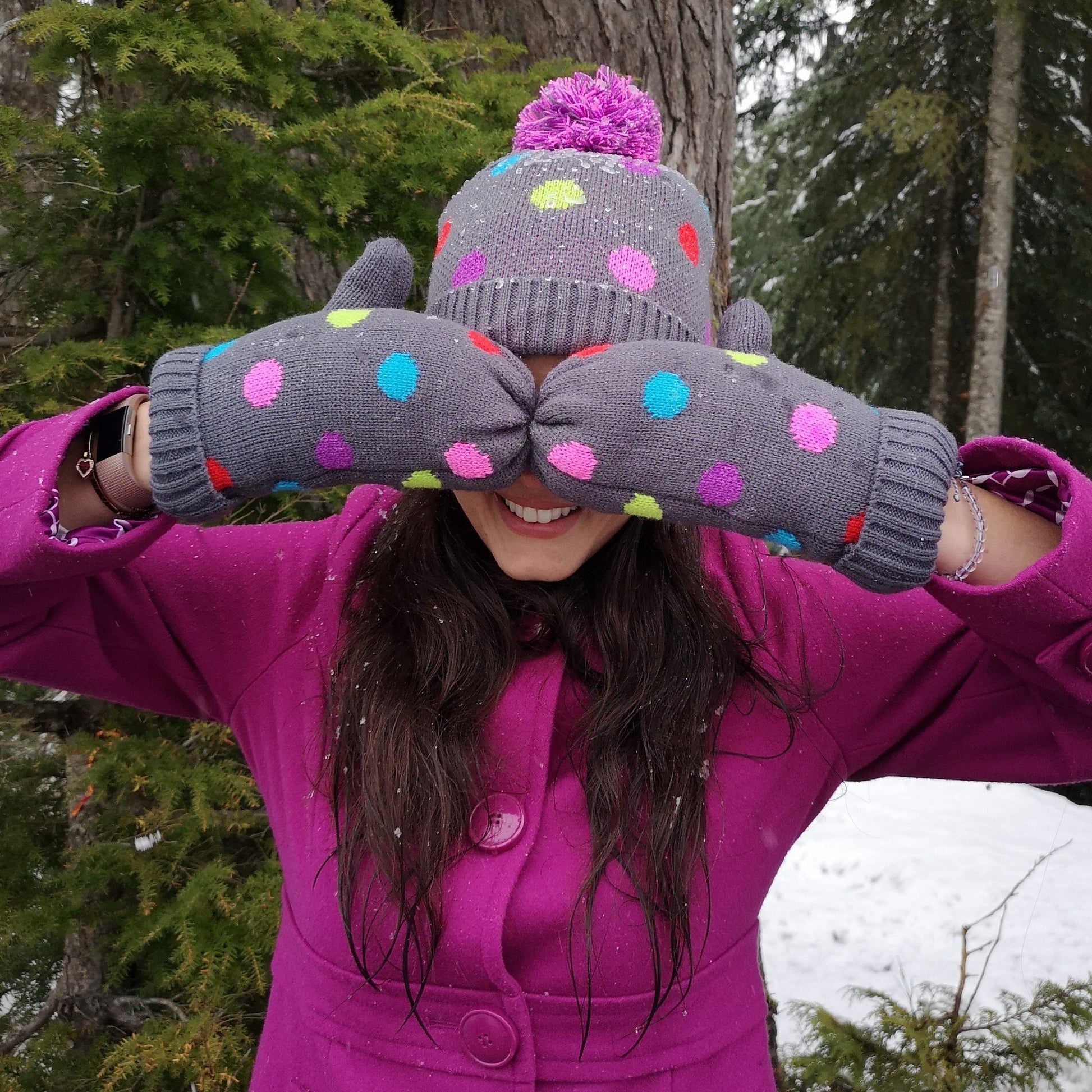 Pudus Classic Knit Winter Mittens for Women, Sherpa Fleece-Lined Warm Gloves Polka Dot - Mittens Adult