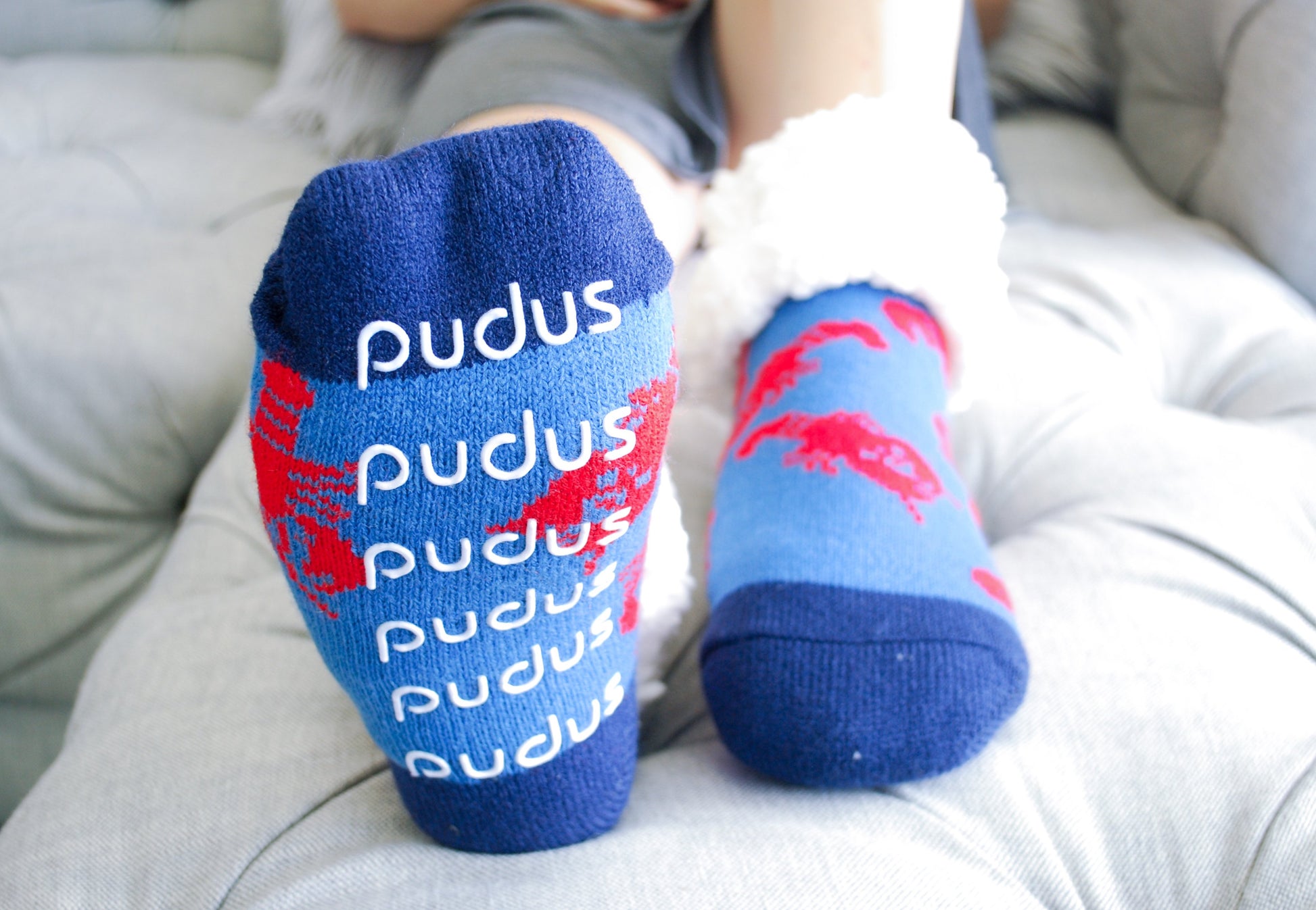 Pudus Cozy Winter Slipper Socks for Women and Men with Non-Slip Grippers and Faux Fur Sherpa Fleece - Adult Regular Fuzzy Socks Lobster Blue - Classic Slipper Socks