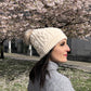 Pudus Winter Cable Knit Chenille Toque in White with Fuzzy Pom Pom and Faux Fur Sherpa Fleece Lining