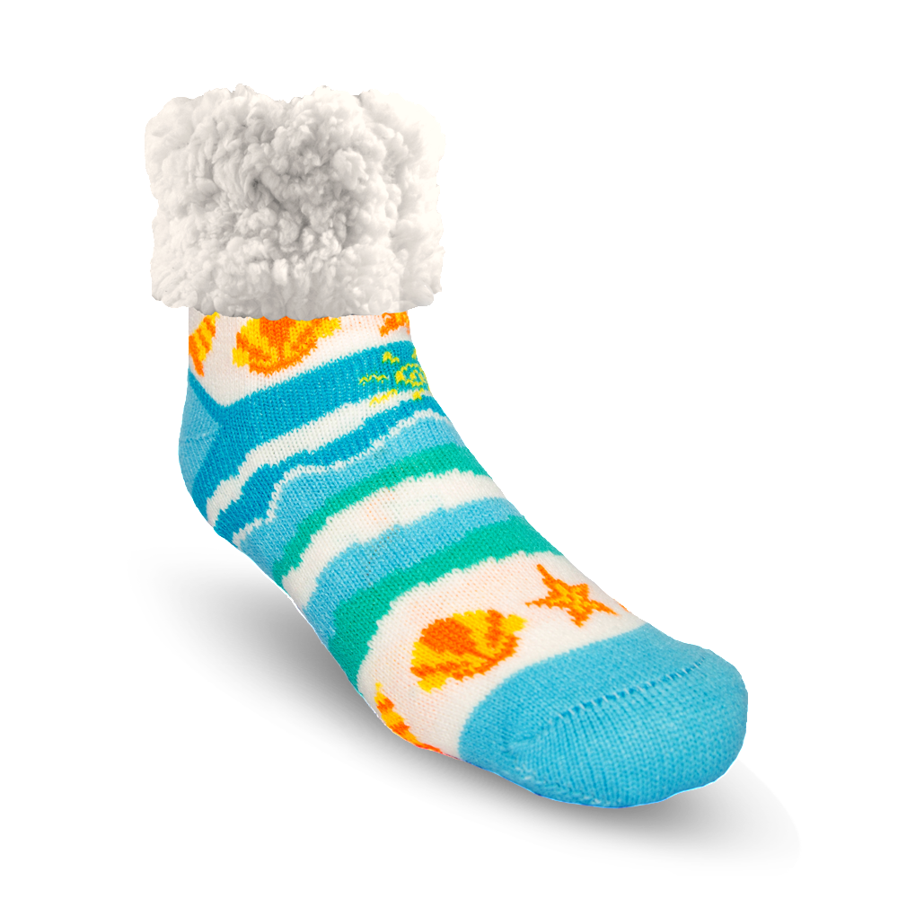 Pudus Cozy Winter Slipper Socks for Women and Men with Non-Slip Grippers and Faux Fur Sherpa Fleece - Adult Regular Fuzzy Seashore - Classic Slipper Sock