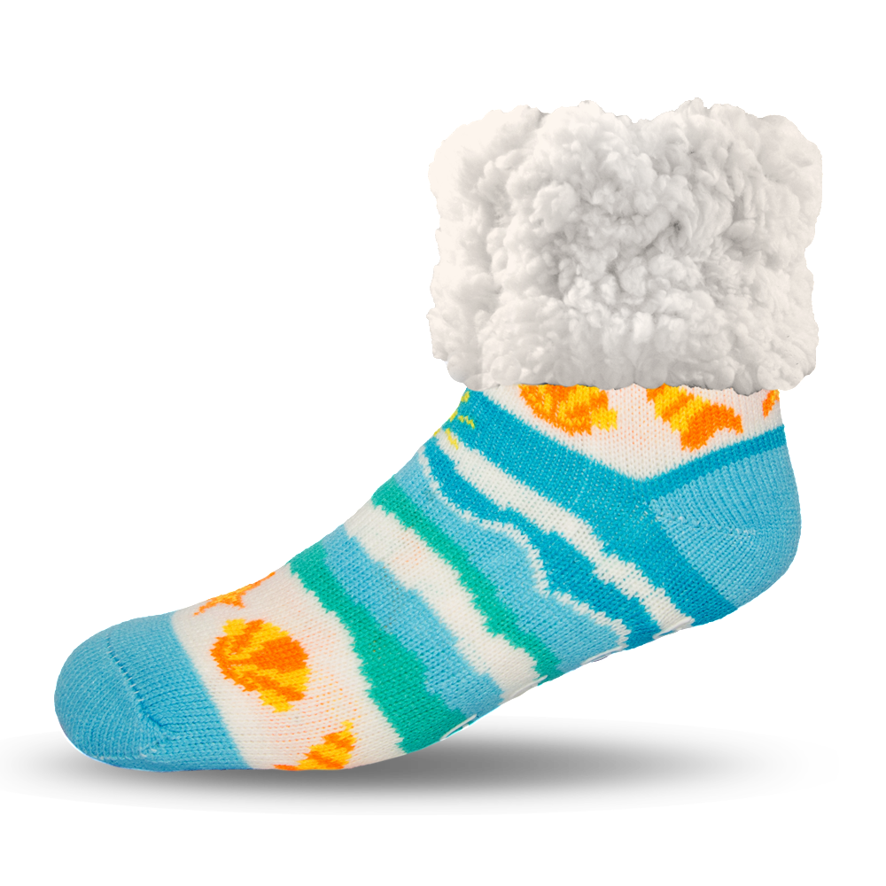 Pudus Cozy Winter Slipper Socks for Women and Men with Non-Slip Grippers and Faux Fur Sherpa Fleece - Adult Regular Fuzzy Seashore - Classic Slipper Sock