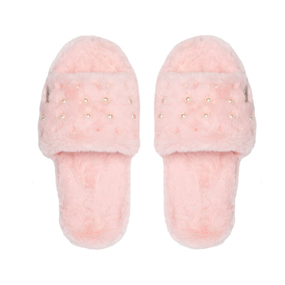 Faux Fur Pearl Slide Slippers | Pink