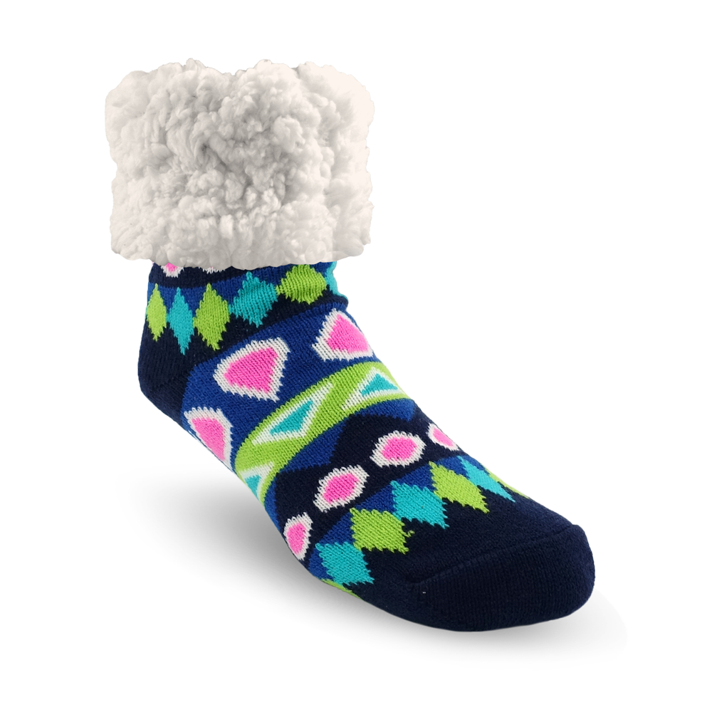 Pudus Cozy Winter Slipper Socks for Women and Men with Non-Slip Grippers and Faux Fur Sherpa Fleece - Adult Regular Fuzzy Socks Southwest Blue - Classic Slipper Sock