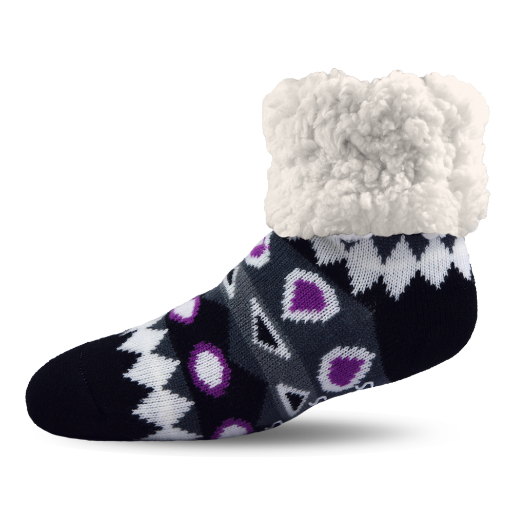 Pudus Cozy Winter Slipper Socks for Women and Men with Non-Slip Grippers and Faux Fur Sherpa Fleece - Adult Regular Fuzzy Socks Southwest Purple - Classic Slipper Sock