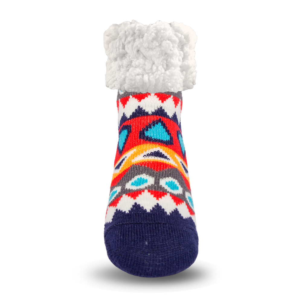 Pudus Cozy Winter Slipper Socks for Women and Men with Non-Slip Grippers and Faux Fur Sherpa Fleece - Adult Regular Fuzzy Socks Southwest Red - Classic Slipper Sock