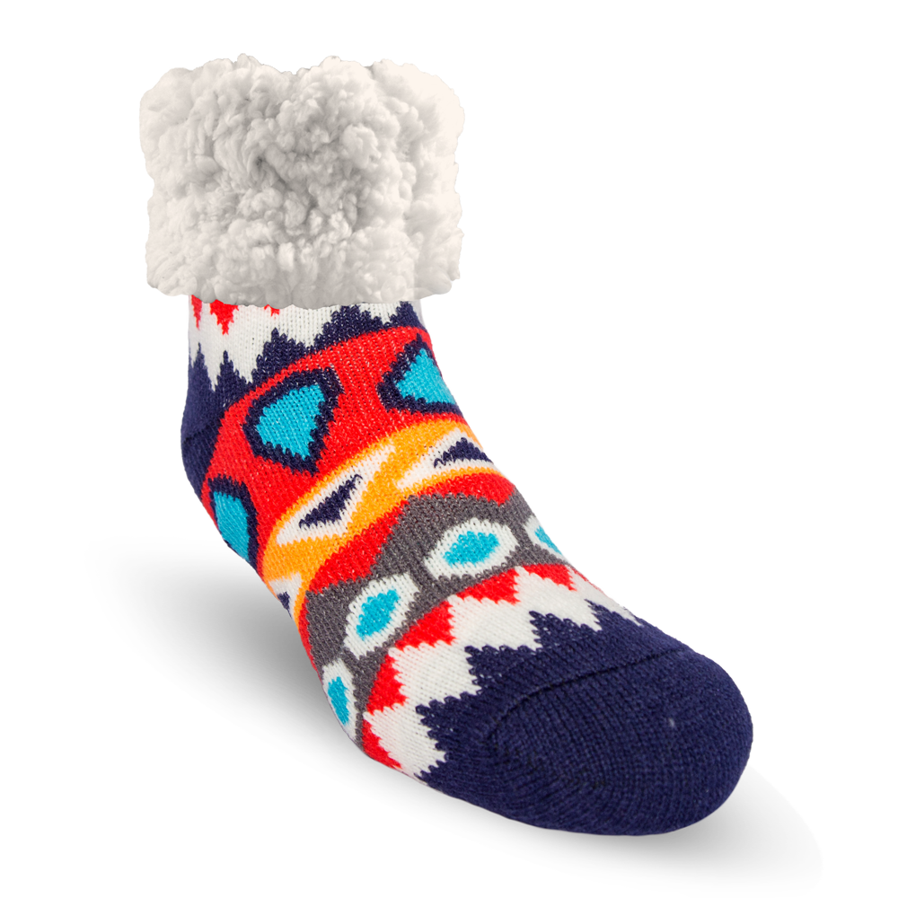Pudus Cozy Winter Slipper Socks for Women and Men with Non-Slip Grippers and Faux Fur Sherpa Fleece - Adult Regular Fuzzy Socks Southwest Red - Classic Slipper Sock