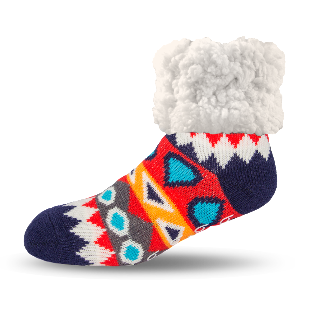 Pudus Cozy Winter Slipper Socks for Women and Men with Non-Slip Grippers and Faux Fur Sherpa Fleece - Adult Regular Fuzzy Socks Southwest Red - Classic Slipper Sock