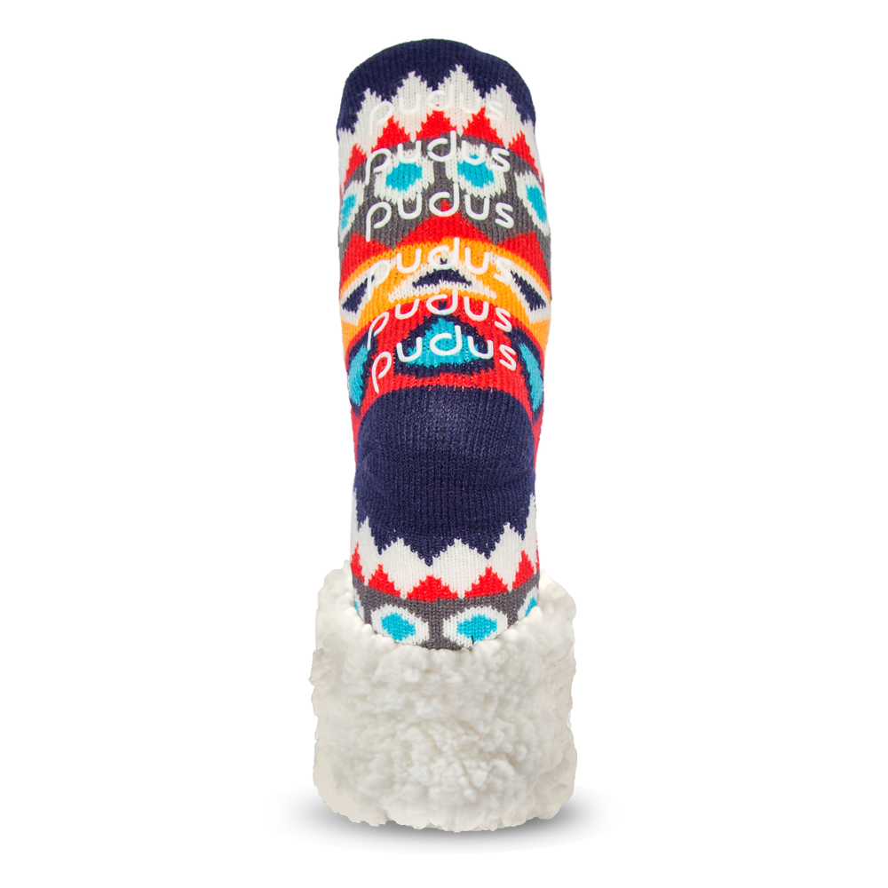 Pudus Cozy Winter Slipper Socks for Women and Men with Non-Slip Grippers and Faux Fur Sherpa Fleece - Adult Regular Fuzzy Socks Southwest Red - Classic Slipper Sock