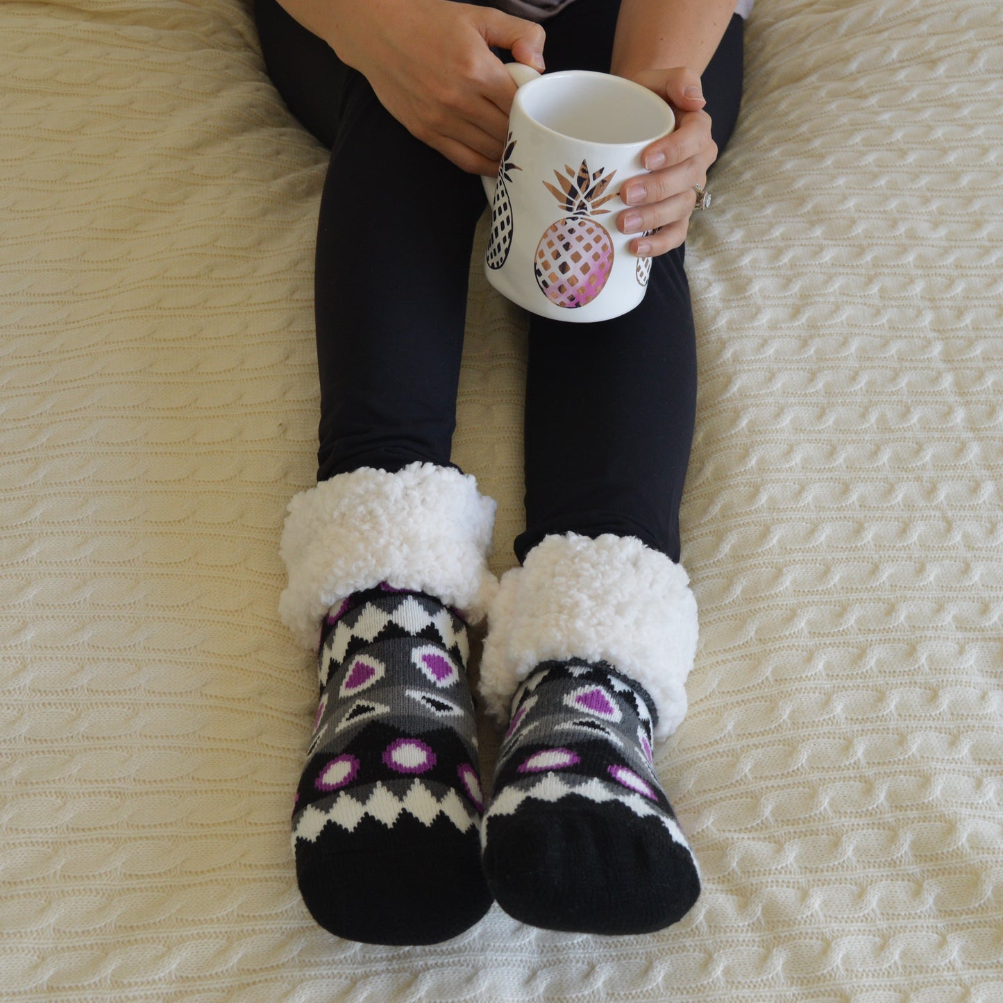 Pudus Cozy Winter Slipper Socks for Women and Men with Non-Slip Grippers and Faux Fur Sherpa Fleece - Adult Regular Fuzzy Socks Southwest Purple - Classic Slipper Sock