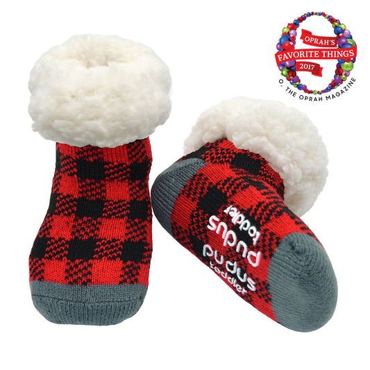 Pudus Cozy Winter Slipper Socks for Toddlers with Non-Slip Grippers and Faux Fur Sherpa Fleece - Baby Boy and Girl Fuzzy Socks (Ages 1-3) Lumberjack Red - Toddler Slipper Sock