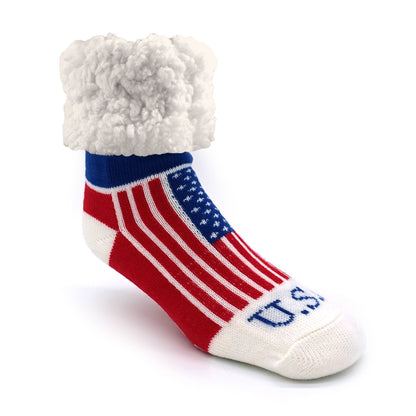 Pudus Cozy Winter Slipper Socks for Women and Men with Non-Slip Grippers and Faux Fur Sherpa Fleece - Adult Regular Fuzzy Socks USA Pride - Classic Slipper Sock