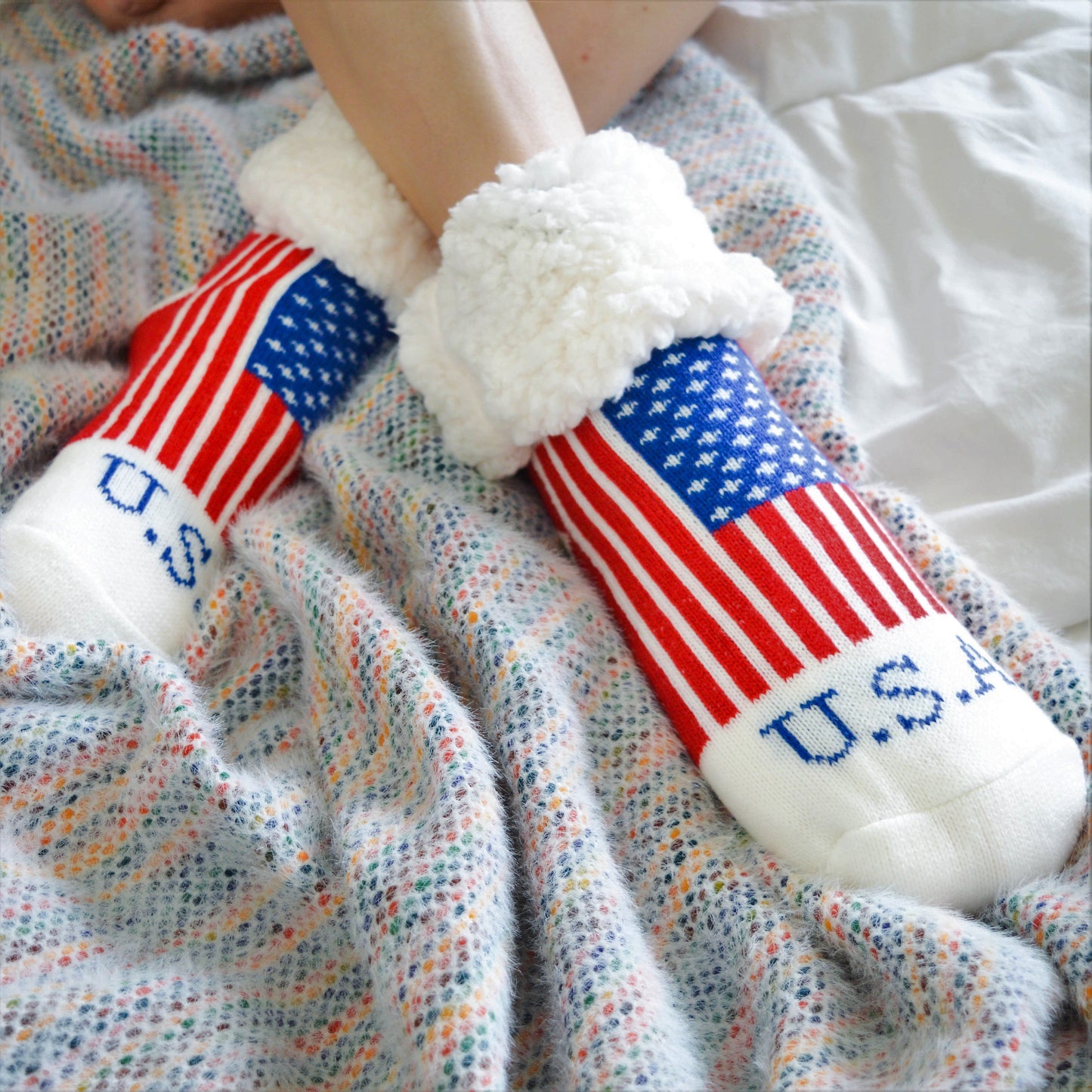 Pudus Cozy Winter Slipper Socks for Women and Men with Non-Slip Grippers and Faux Fur Sherpa Fleece - Adult Regular Fuzzy Socks USA Pride - Classic Slipper Sock