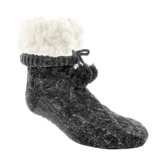 Pudus Winter Chenille Cable Knit Slipper Socks for Women and Men with Non-Slip Grippers and Faux Fur Sherpa Fleece Lining - Adult Regular Fuzzy Socks Chenille Cable Knit Grey - Classic Slipper Sock