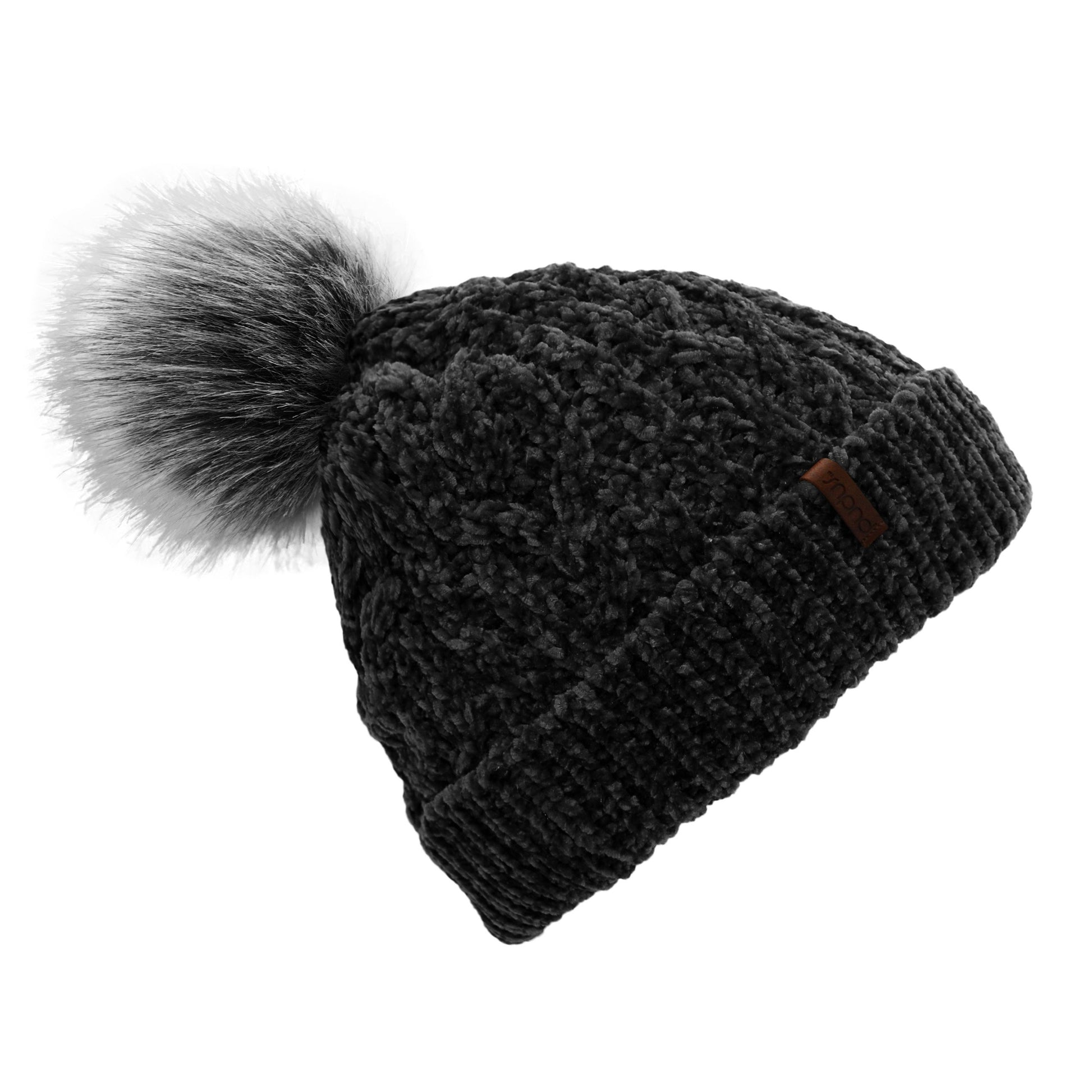 Pudus Winter Cable Knit Chenille Toque in Black with Fuzzy Pom Pom and Faux Fur Sherpa Fleece Lining