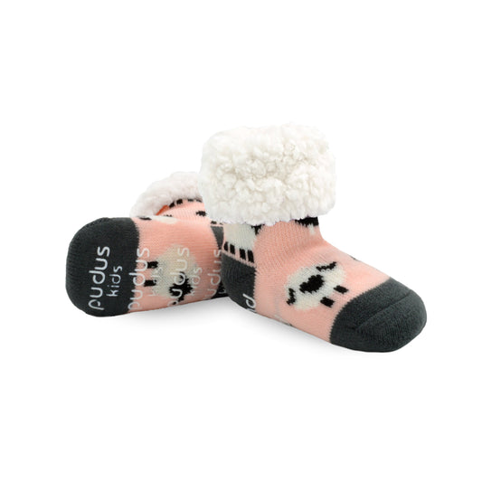 Pudus Cozy Winter Slipper Socks for Kids with Non-Slip Grippers and Faux Fur Sherpa Fleece - Boy and Girl Fuzzy Socks (Ages 4-7) Sheep Blush - Classic Slipper Sock Kids