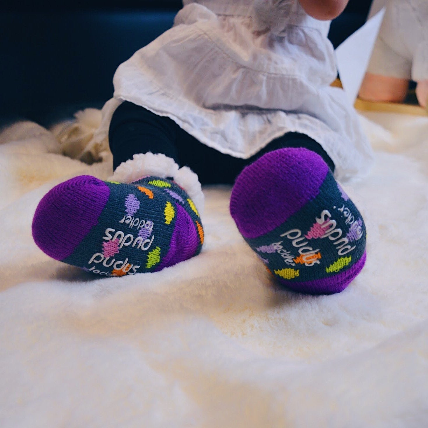 Pudus Cozy Winter Slipper Socks for Toddlers with Non-Slip Grippers and Faux Fur Sherpa Fleece - Baby Boy and Girl Fuzzy Socks (Ages 1-3) Polka Dot Multi - Toddler Slipper Socks
