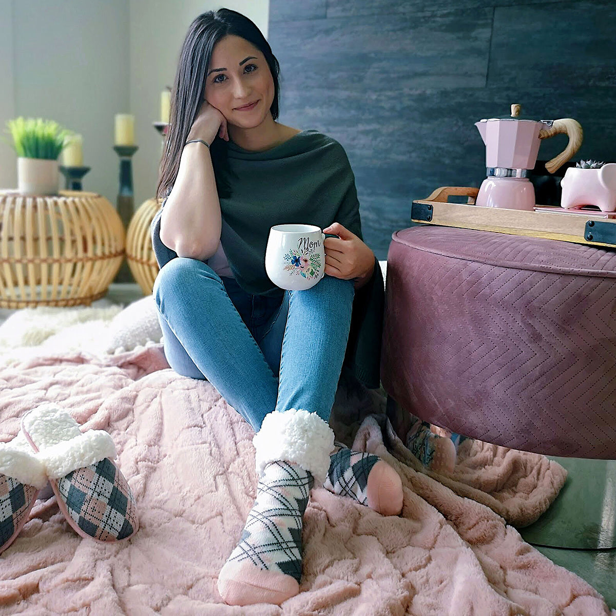Classic Slipper Socks | Argyle Blush
